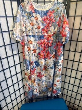 Blue Floral Short-Sleeve Shift Dress with Pink Blooms(G1)
